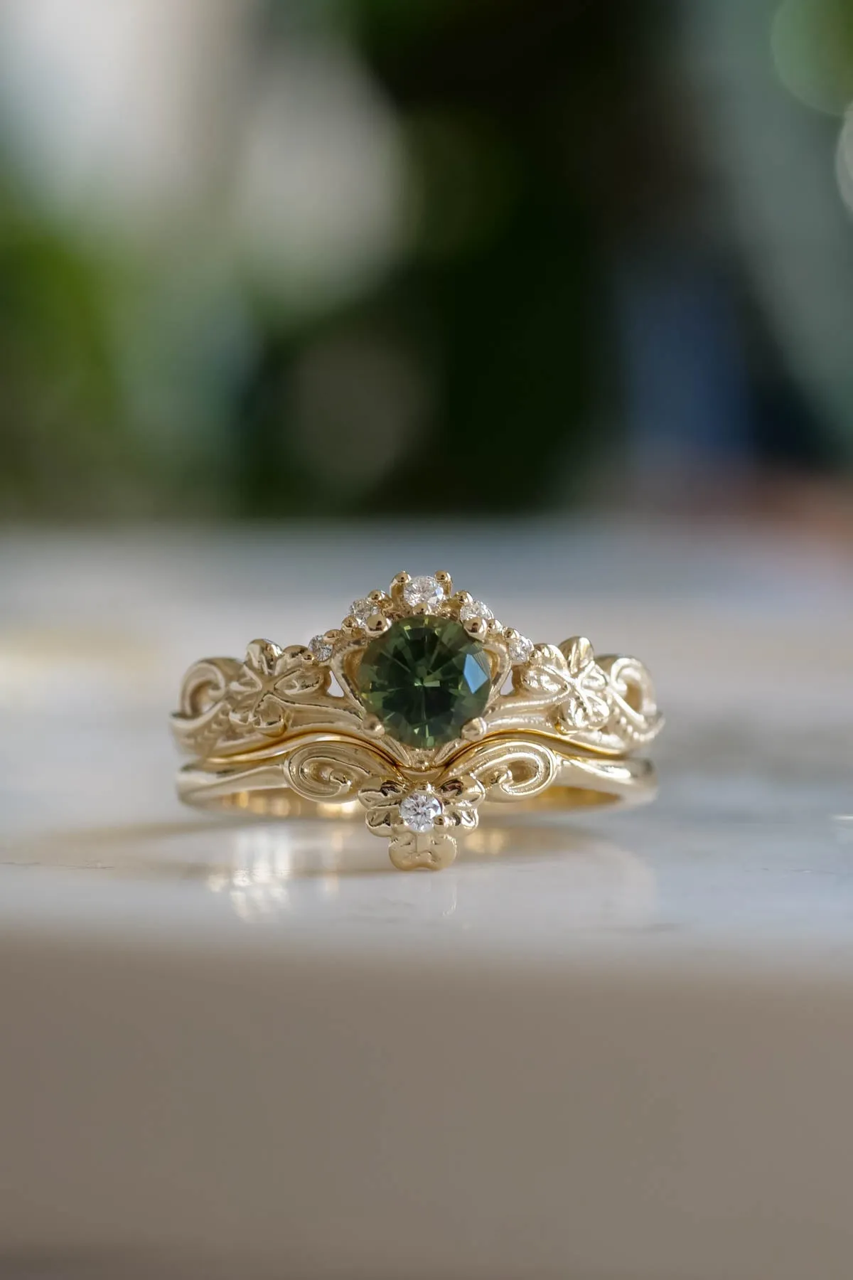 Celtic engagement rings, natural green sapphire bridal ring set / Horta