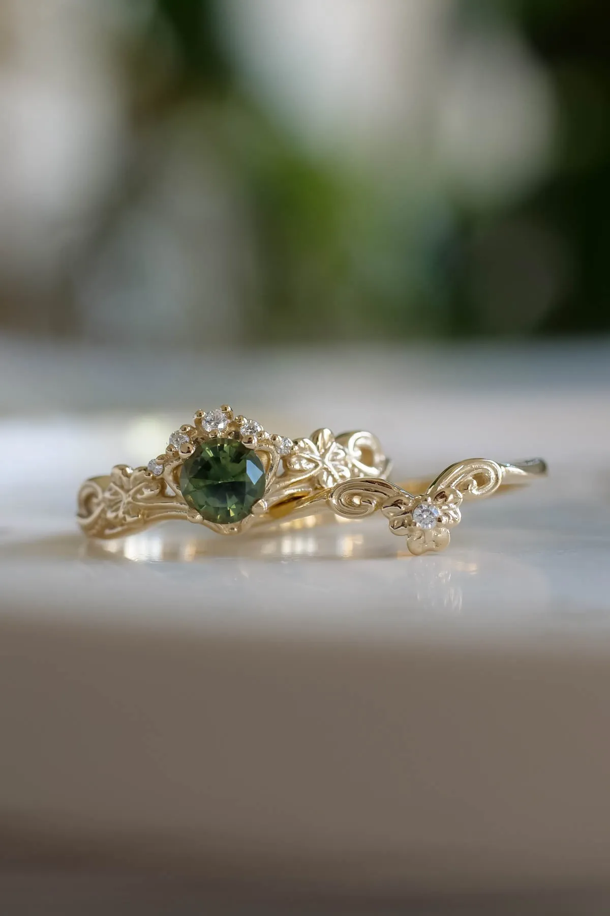 Celtic engagement rings, natural green sapphire bridal ring set / Horta