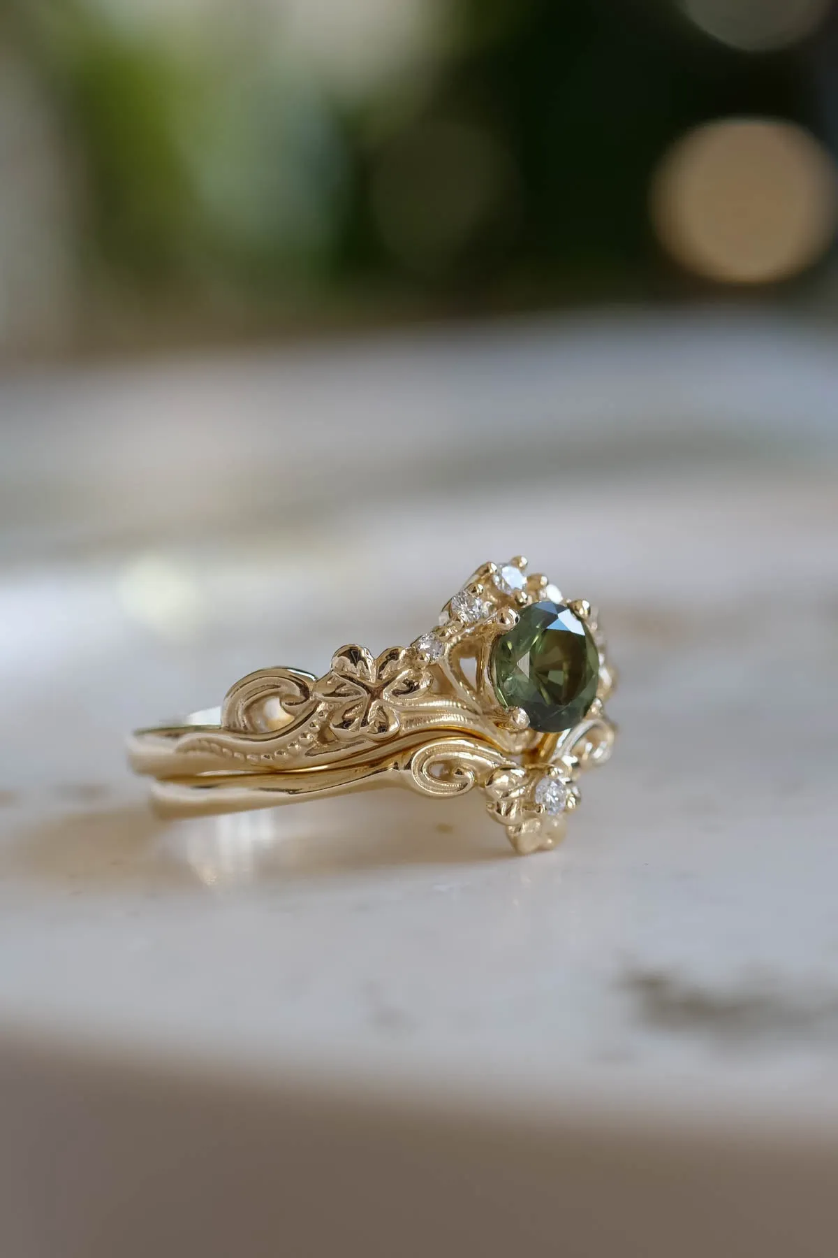 Celtic engagement rings, natural green sapphire bridal ring set / Horta