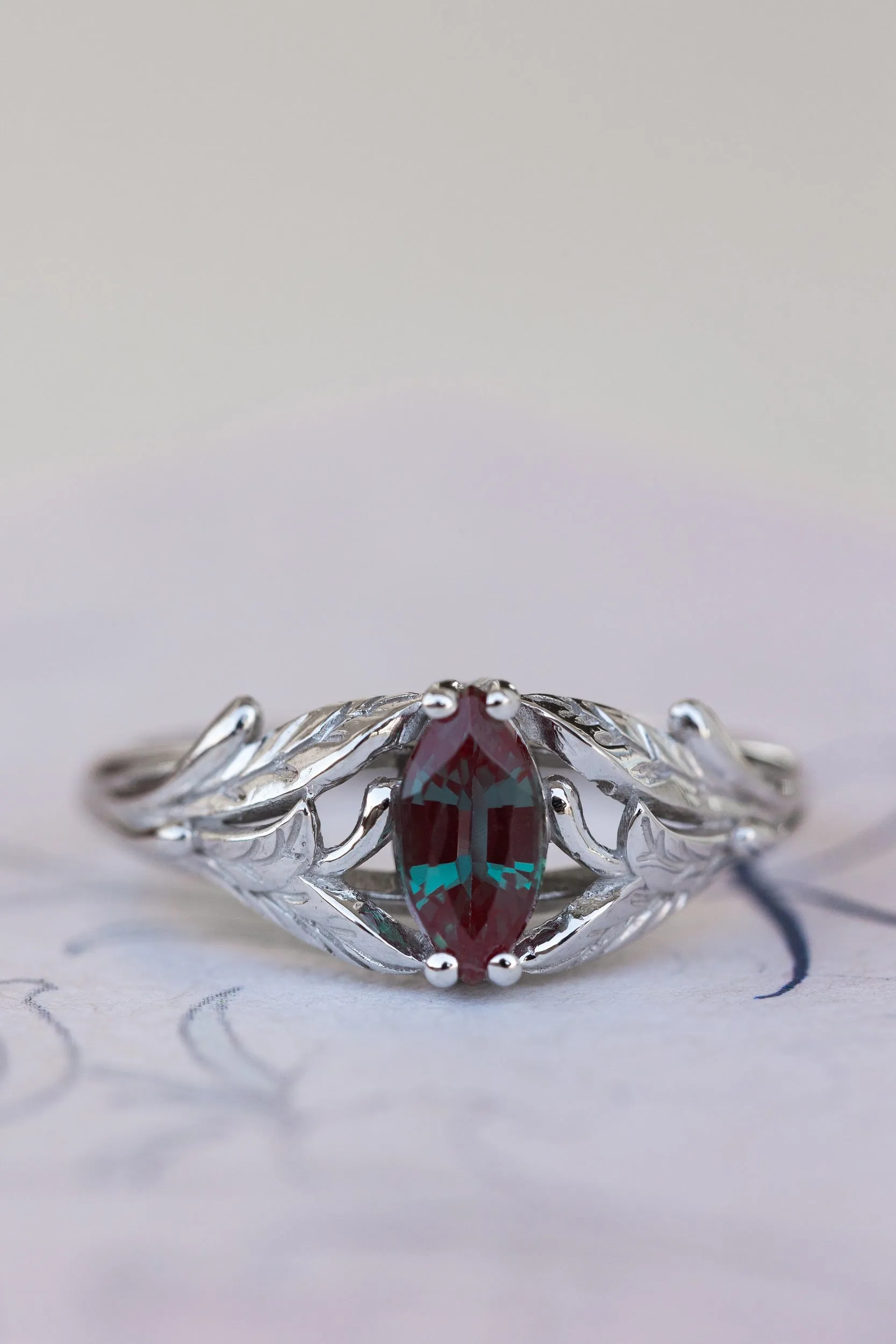 Colour changing alexandrite engagement ring, white gold twig ring with marquise alexandrite / Wisteria