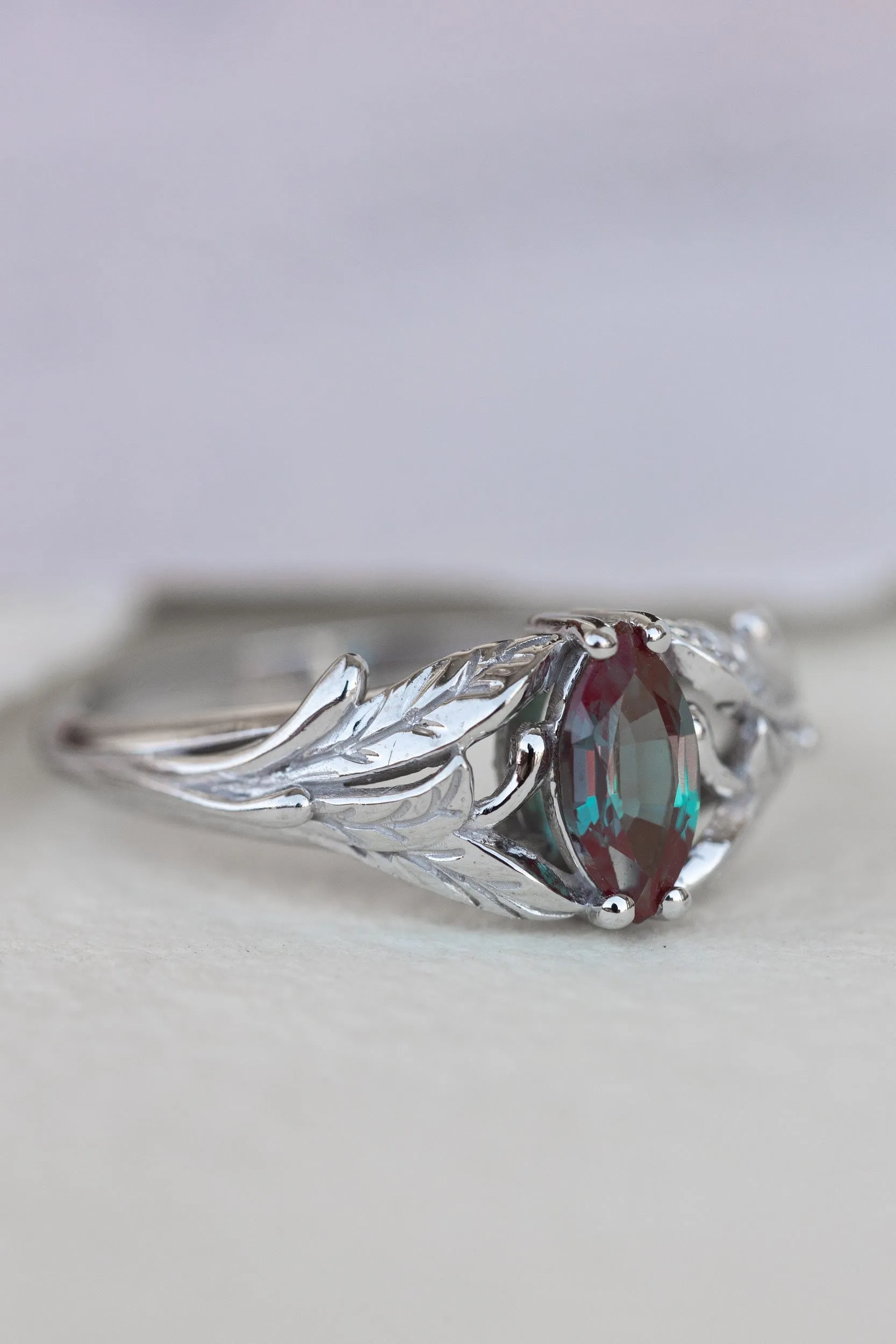 Colour changing alexandrite engagement ring, white gold twig ring with marquise alexandrite / Wisteria