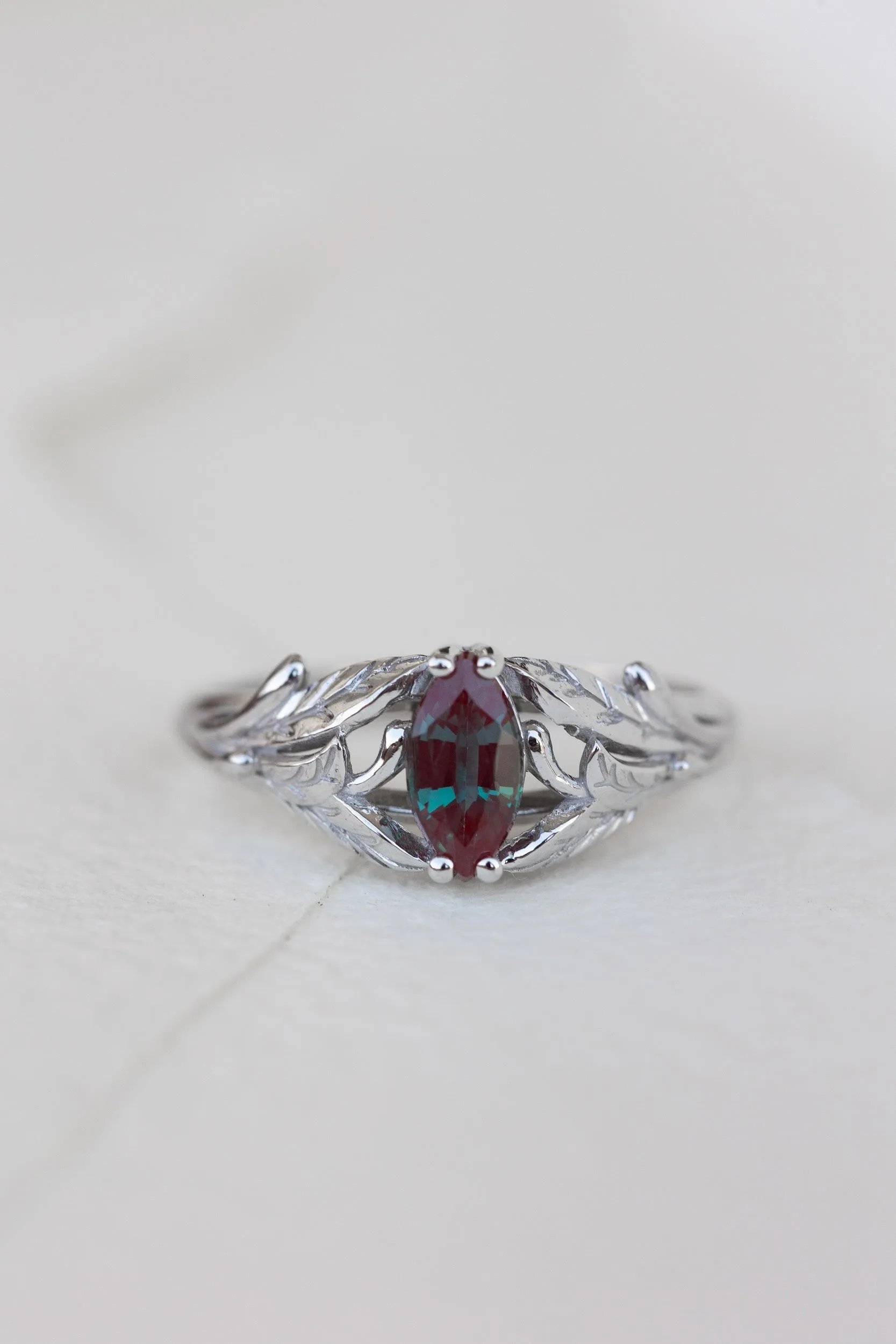 Colour changing alexandrite engagement ring, white gold twig ring with marquise alexandrite / Wisteria