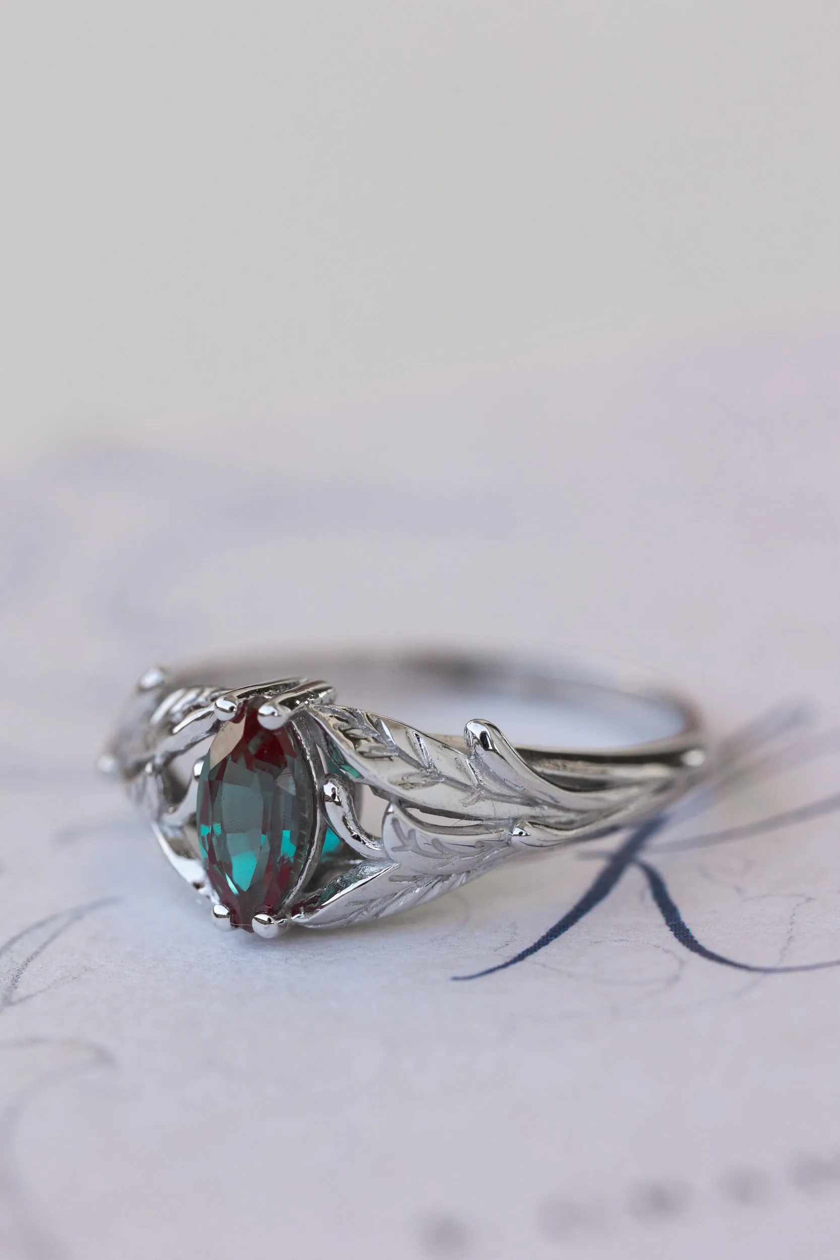 Colour changing alexandrite engagement ring, white gold twig ring with marquise alexandrite / Wisteria