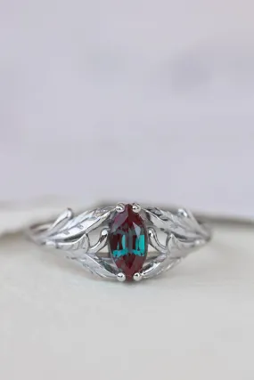 Colour changing alexandrite engagement ring, white gold twig ring with marquise alexandrite / Wisteria