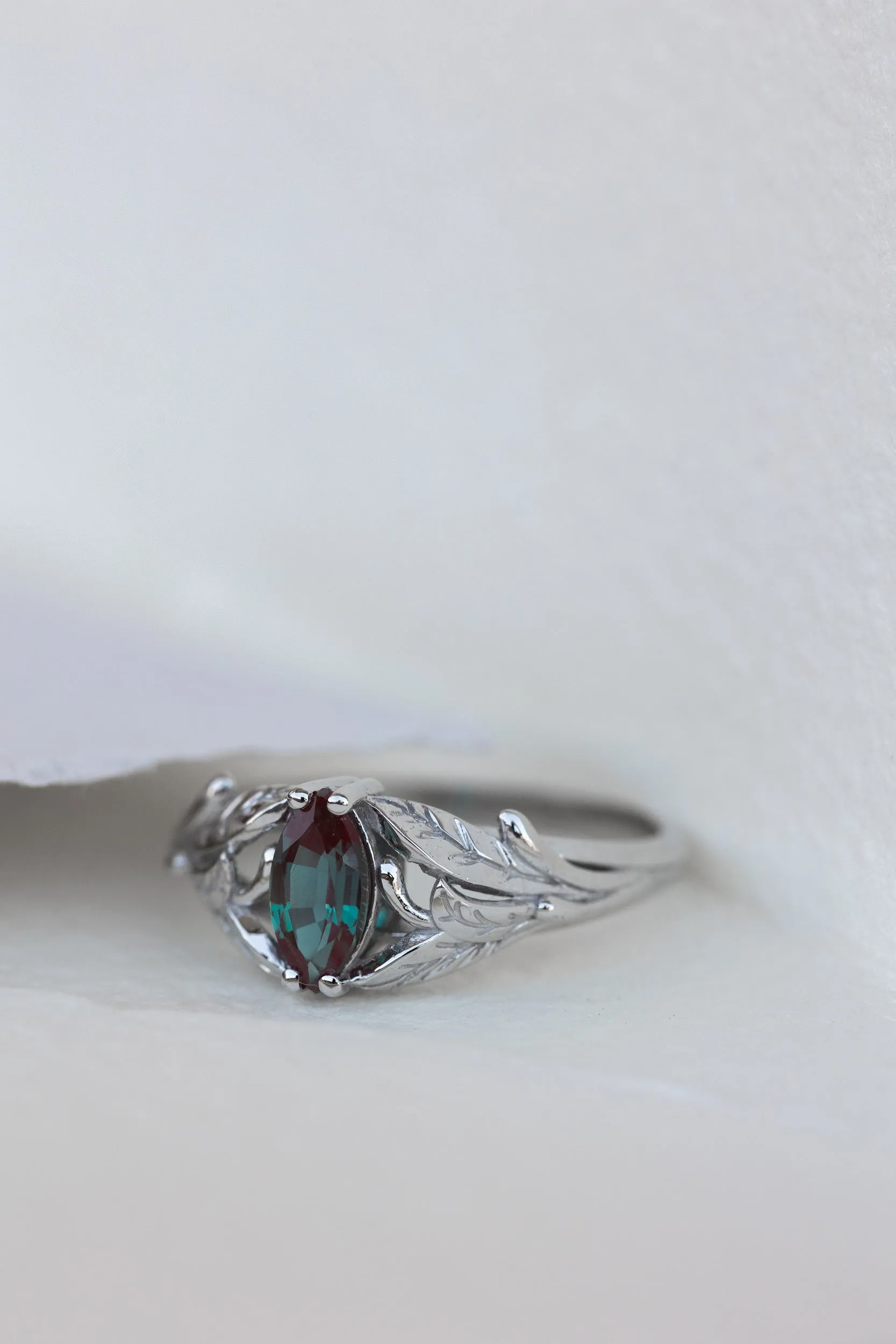 Colour changing alexandrite engagement ring, white gold twig ring with marquise alexandrite / Wisteria