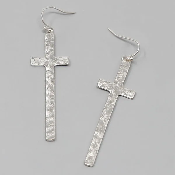 Cross Hammered Metal Drop Earrings