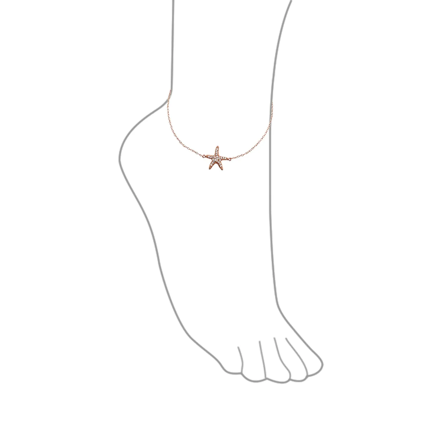 CZ Nautical Charm Starfish Anklet Rose Gold Plated .925 Sterling Silver 9-10"