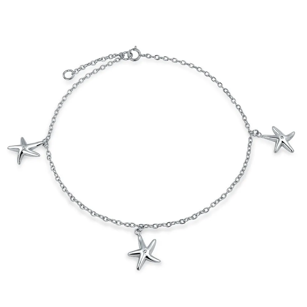 CZ Nautical Charm Starfish Anklet Rose Gold Plated .925 Sterling Silver 9-10"