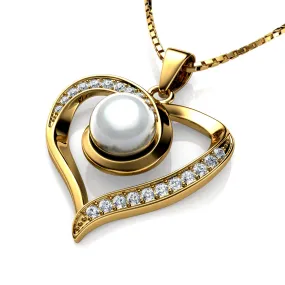 DEPHINI Gold Pearl Necklace 18ct Yellow Cubic Zirconia Crystal Pendant