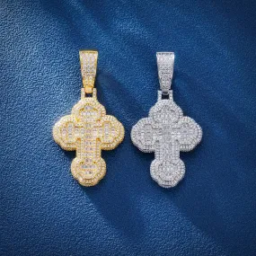 Double Layer Baguette Clustered Cross Pendant