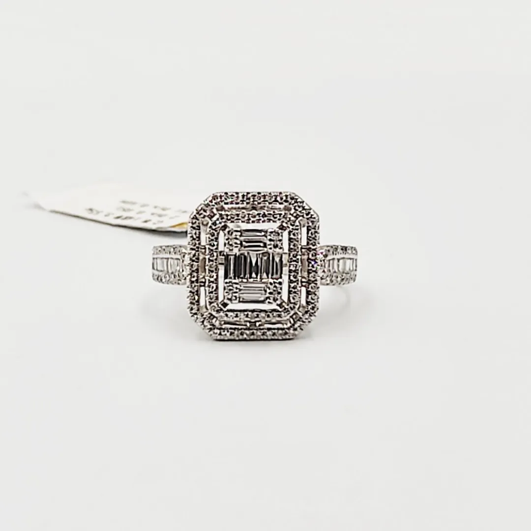 Emerald Cut Illusion Diamond Paved Engagement Ring 14K White Gold