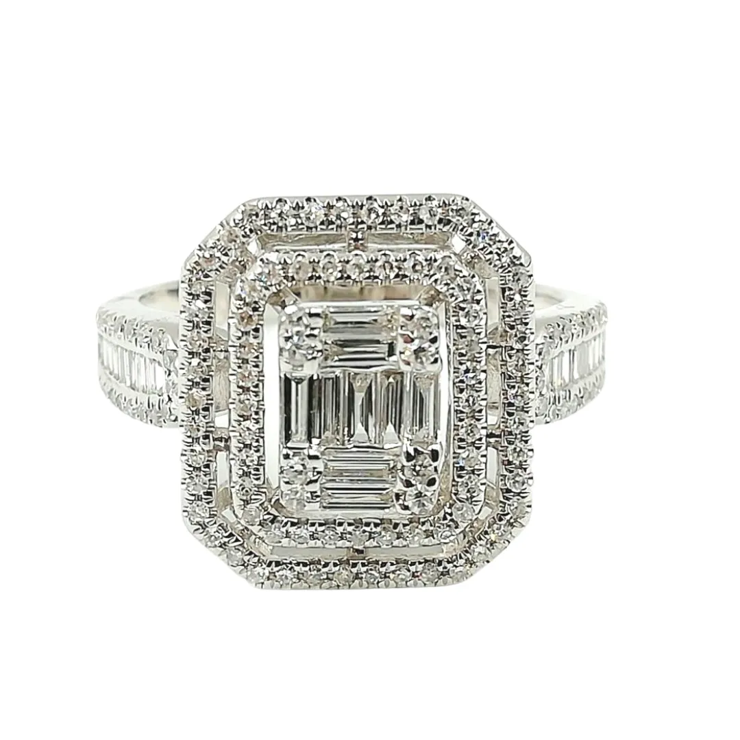 Emerald Cut Illusion Diamond Paved Engagement Ring 14K White Gold