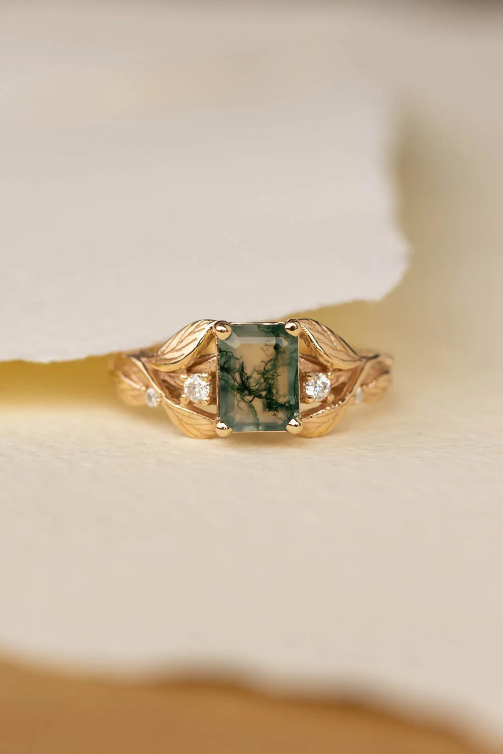 Emerald cut moss agate engagement ring, gold nature themed ring diamonds / Clematis