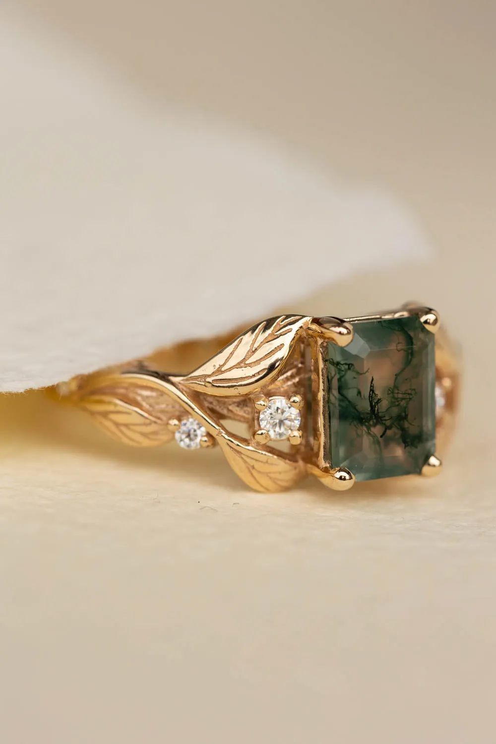 Emerald cut moss agate engagement ring, gold nature themed ring diamonds / Clematis