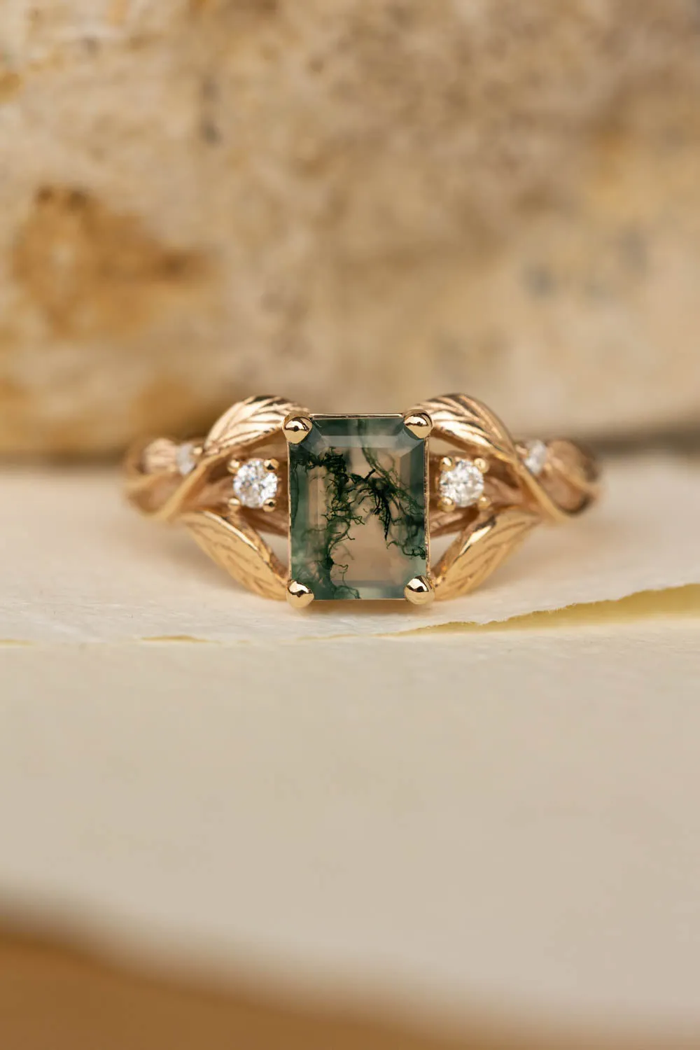 Emerald cut moss agate engagement ring, gold nature themed ring diamonds / Clematis