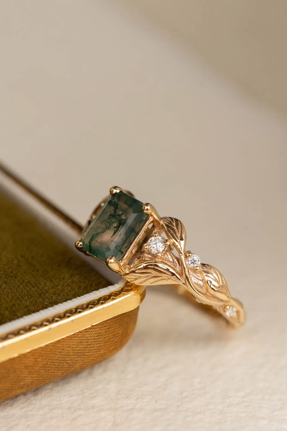 Emerald cut moss agate engagement ring, gold nature themed ring diamonds / Clematis