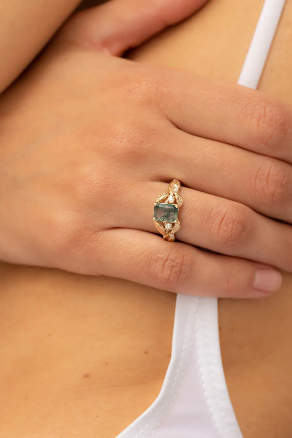 Emerald cut moss agate engagement ring, gold nature themed ring diamonds / Clematis