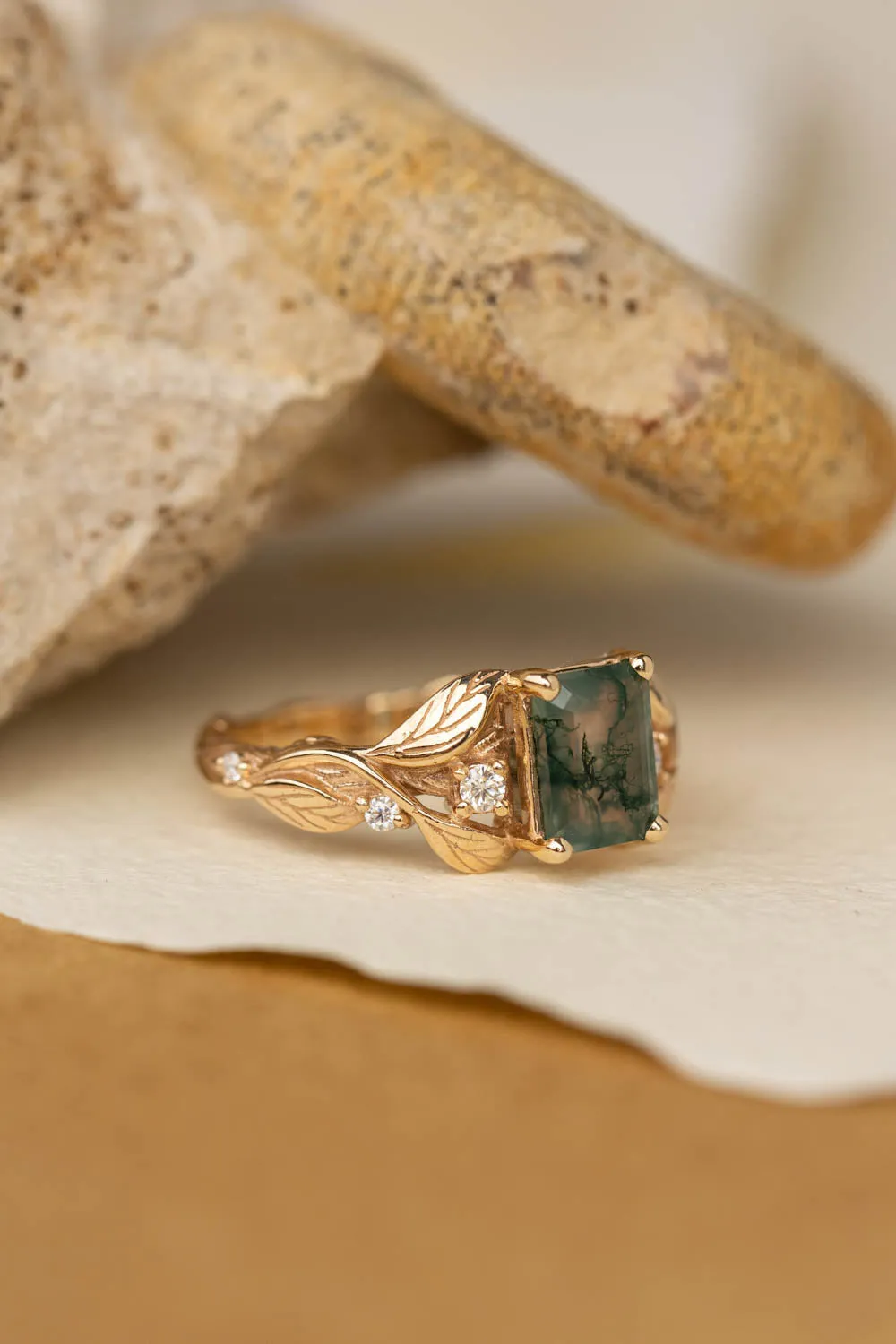 Emerald cut moss agate engagement ring, gold nature themed ring diamonds / Clematis