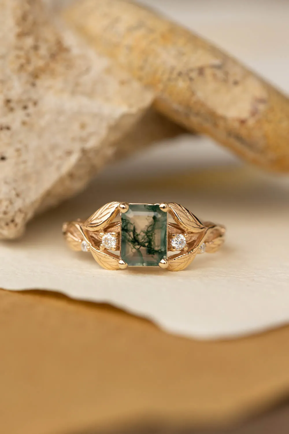 Emerald cut moss agate engagement ring, gold nature themed ring diamonds / Clematis