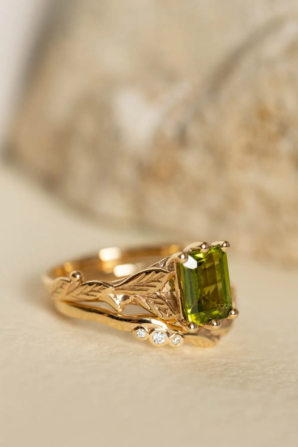 Emerald cut peridot bridal ring set, gold leaves engagement and wedding rings / Freesia