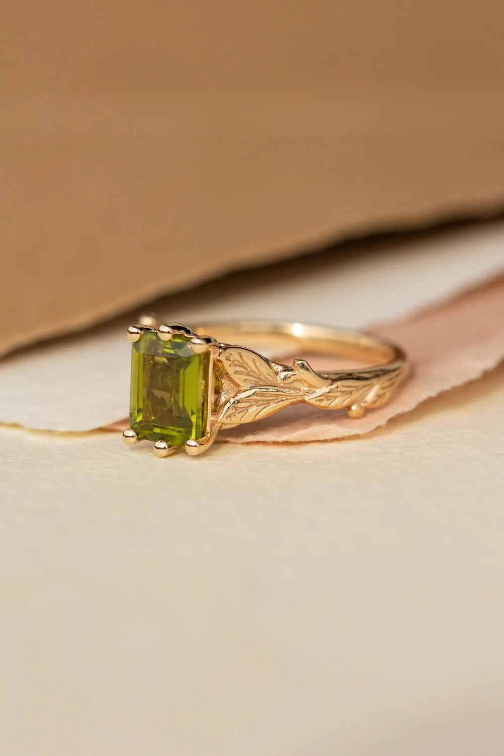 Emerald cut peridot bridal ring set, gold leaves engagement and wedding rings / Freesia