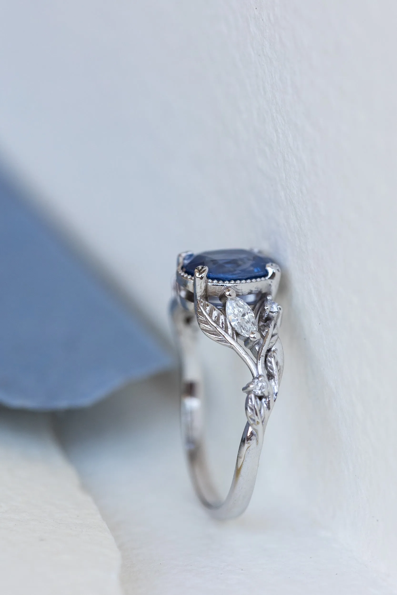 Genuine 1.5 carat sapphire engagement ring, nature inspired promise ring with diamonds / Patricia