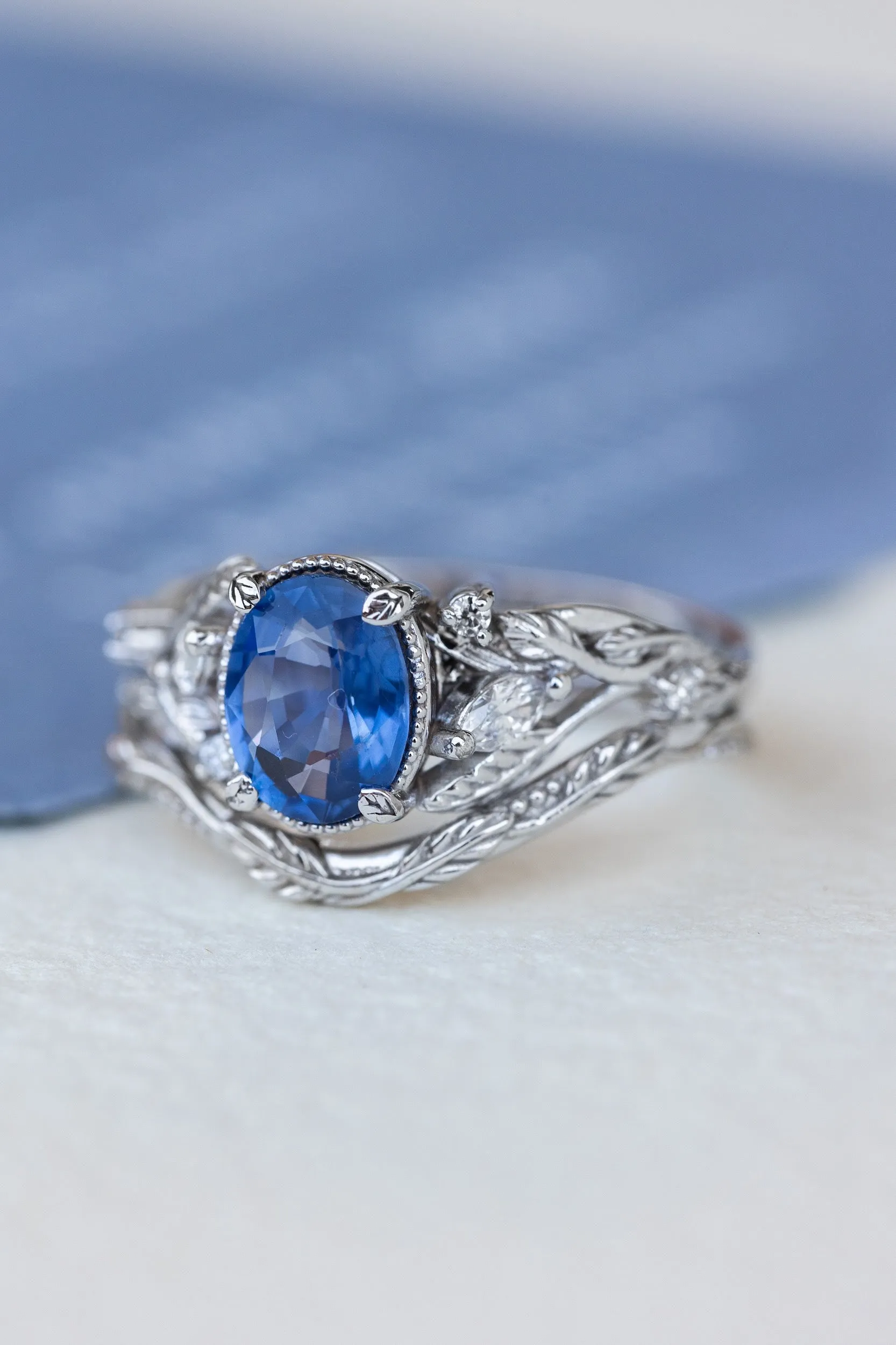 Genuine 1.5 carat sapphire engagement ring, nature inspired promise ring with diamonds / Patricia