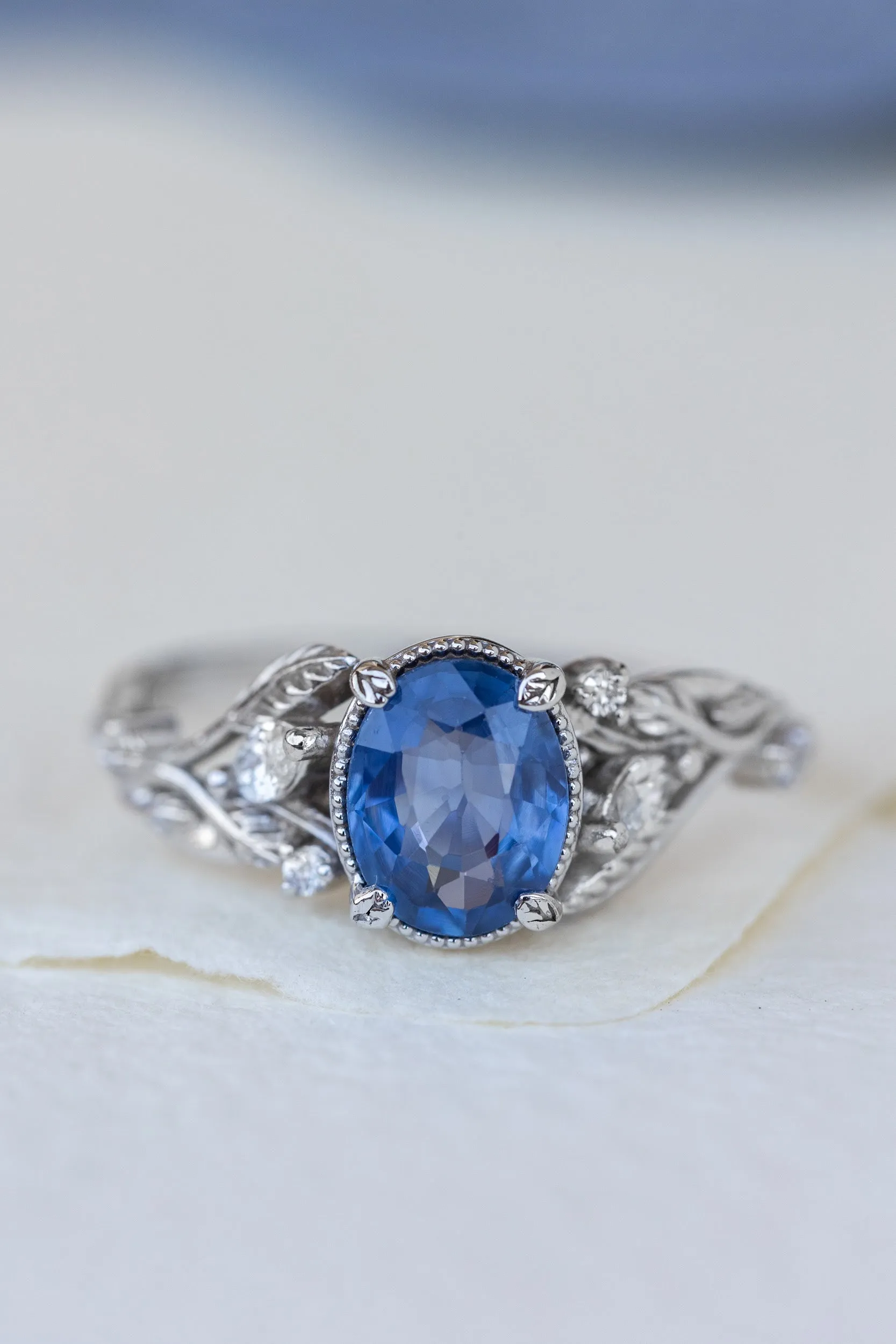 Genuine 1.5 carat sapphire engagement ring, nature inspired promise ring with diamonds / Patricia