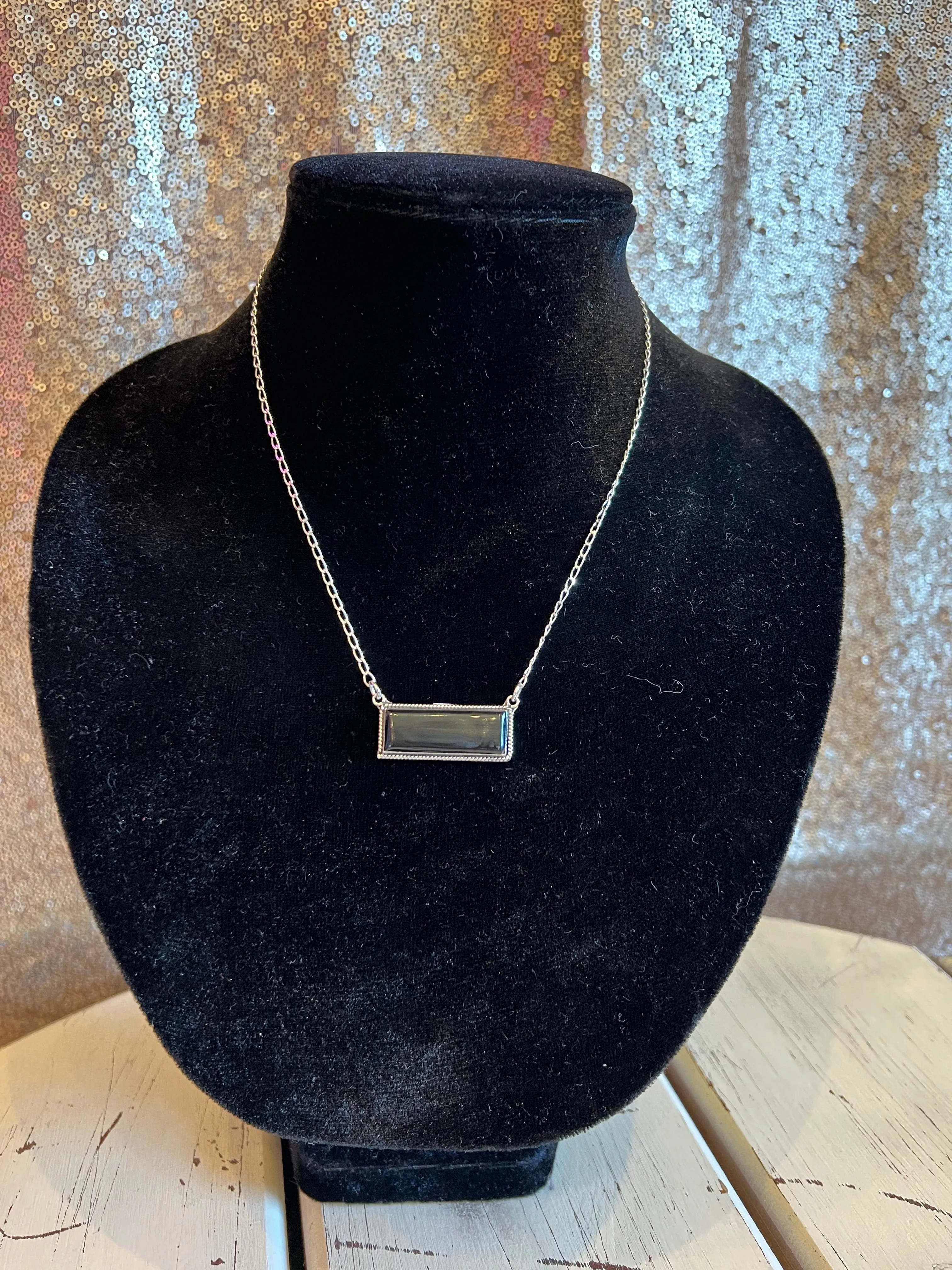 Genuine Sterling Silver Onxy Bar Necklace