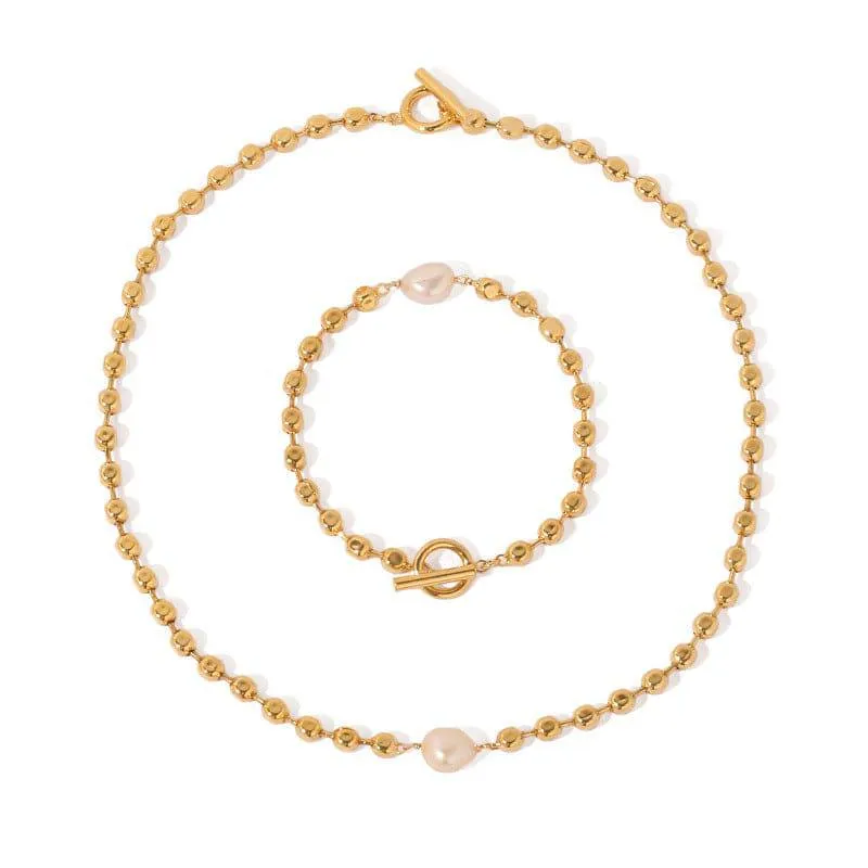 Gold Beaded Pearl Necklace & Bracelet (US)