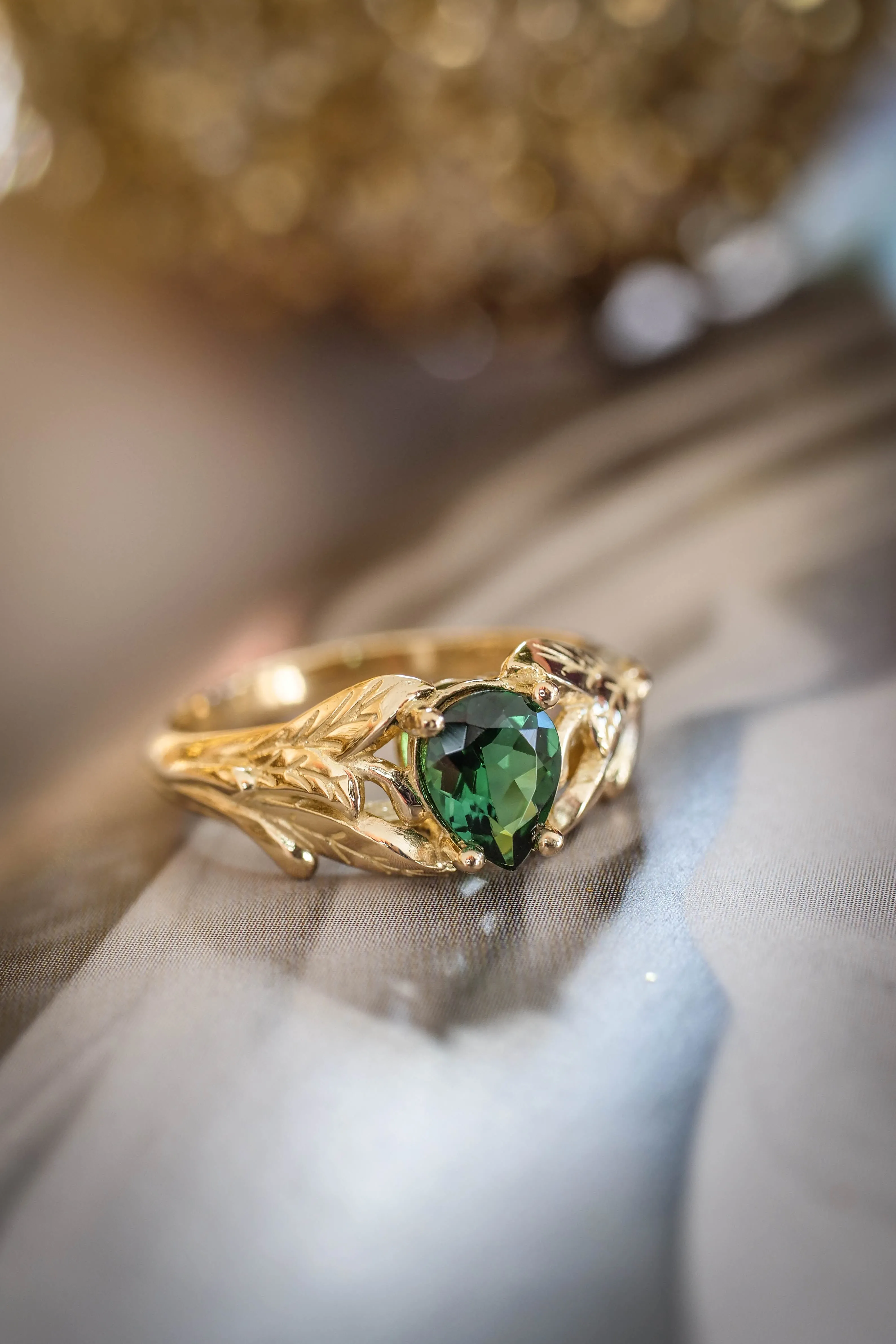 Gold leaf engagement ring with green tourmaline / Wisteria