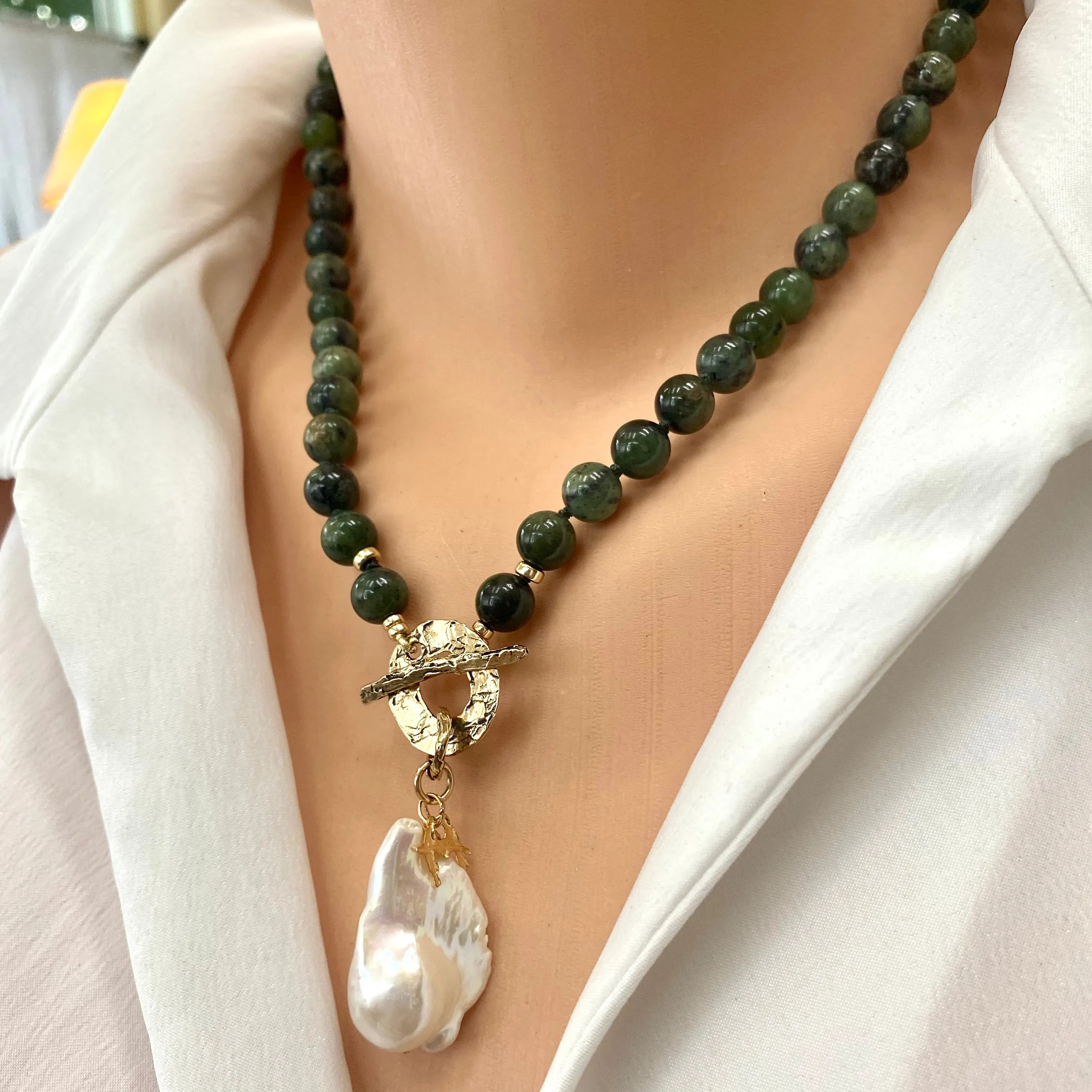 Green Jade and White Baroque Pearl Toggle Necklace, Love Birds Tiny Charm, Gold Filled & Gold Bronze, 18.5inches