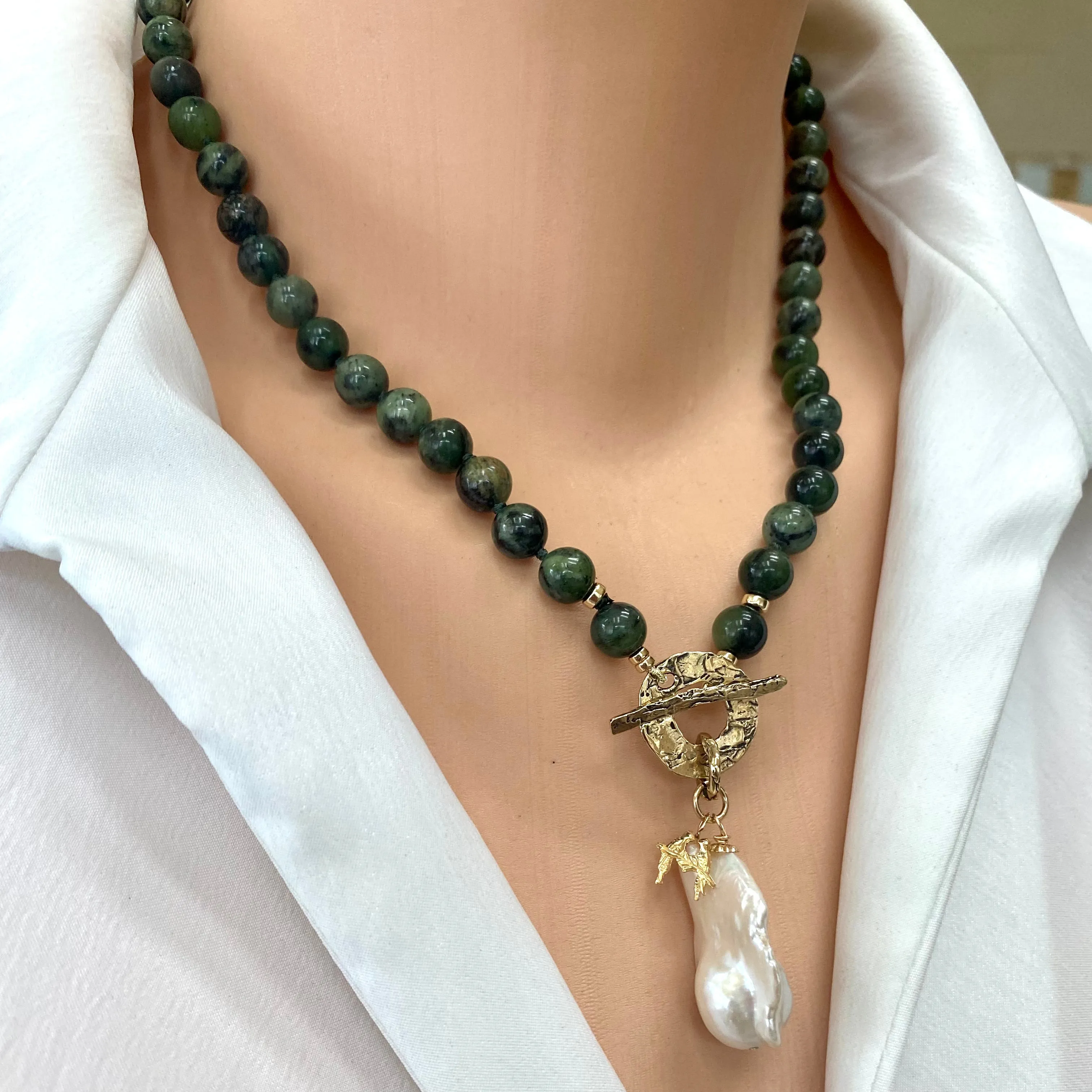 Green Jade and White Baroque Pearl Toggle Necklace, Love Birds Tiny Charm, Gold Filled & Gold Bronze, 18.5inches