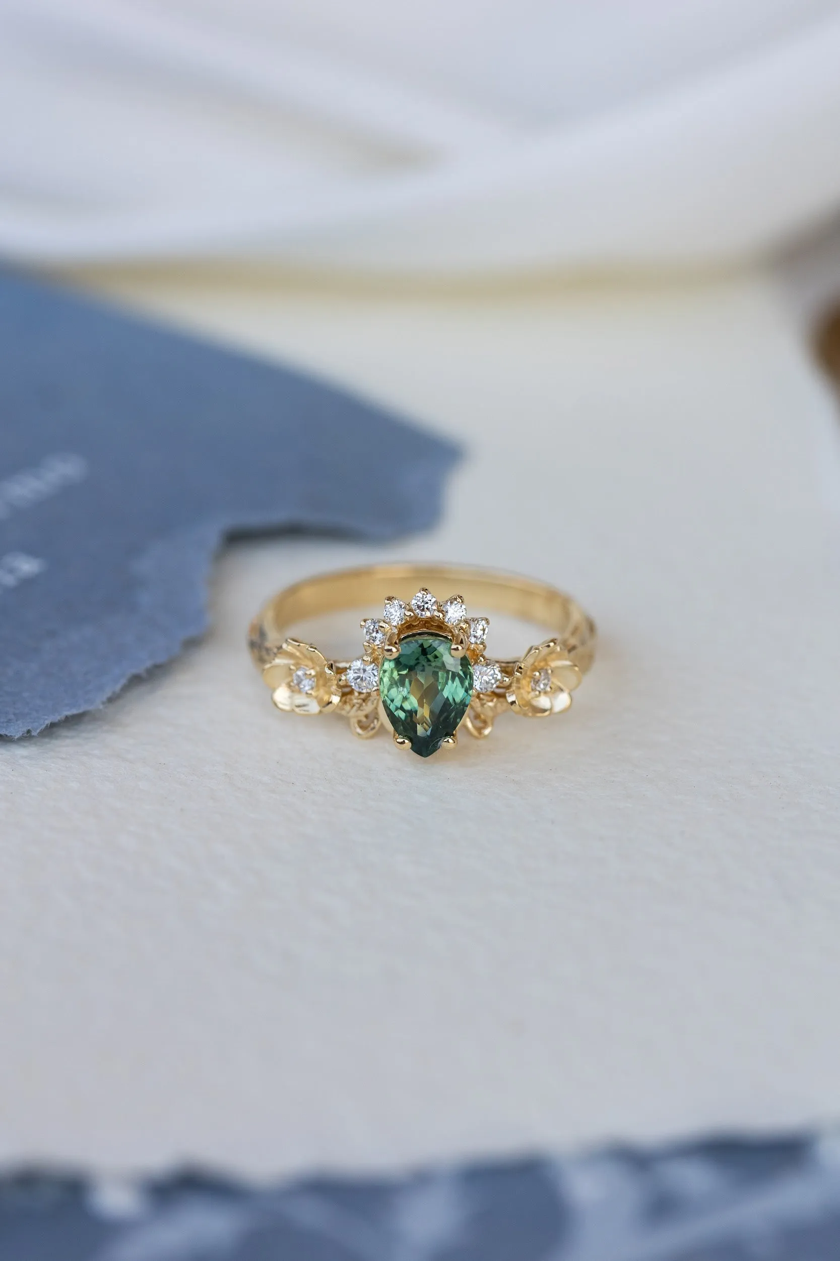 Green sapphire engagement ring with accent diamonds, flower style gold promise ring / Adelina