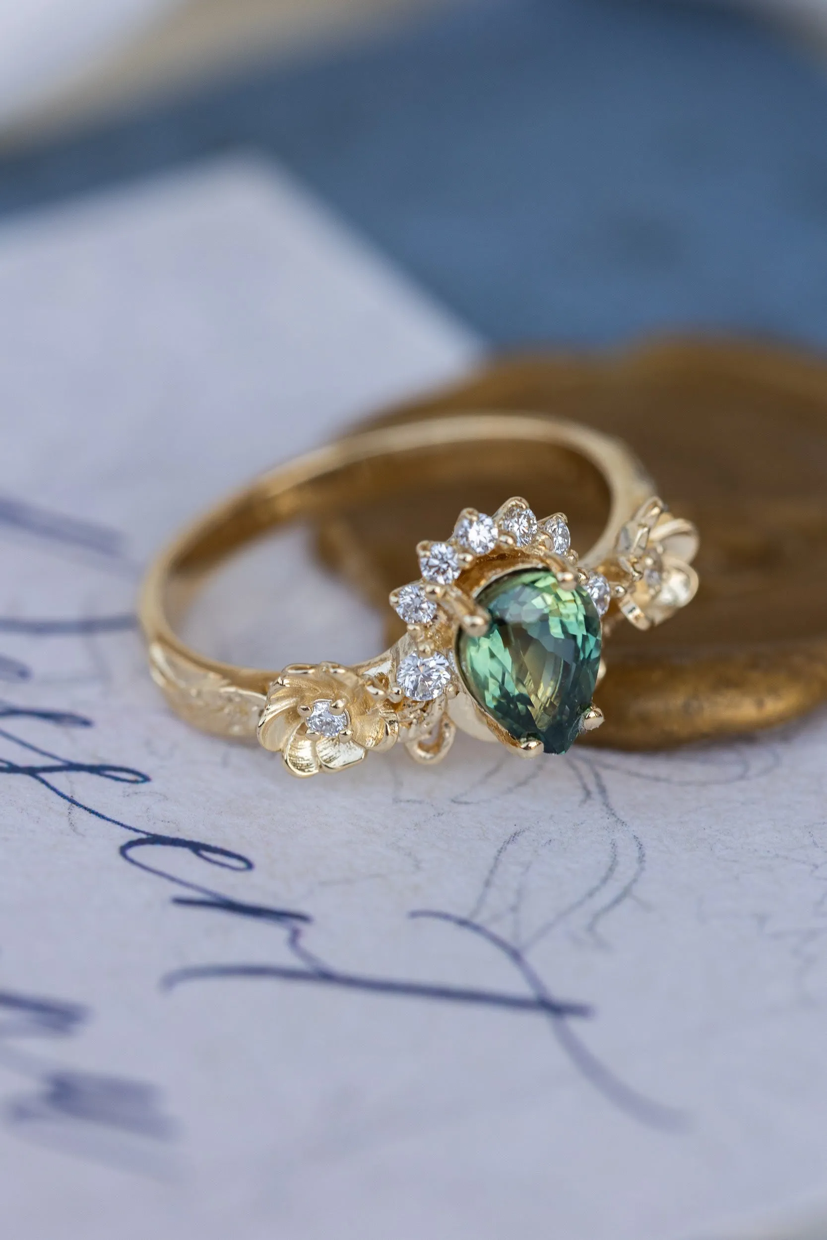 Green sapphire engagement ring with accent diamonds, flower style gold promise ring / Adelina