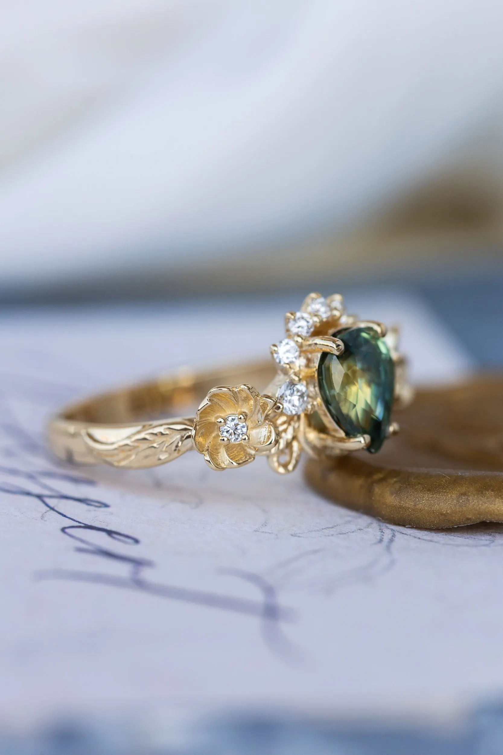 Green sapphire engagement ring with accent diamonds, flower style gold promise ring / Adelina