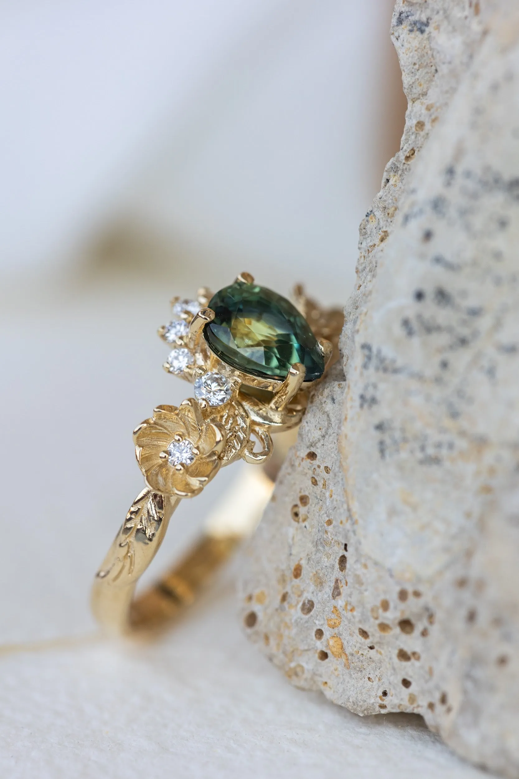 Green sapphire engagement ring with accent diamonds, flower style gold promise ring / Adelina