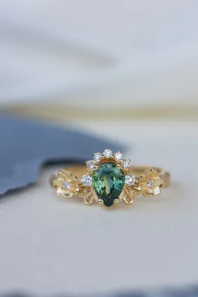 Green sapphire engagement ring with accent diamonds, flower style gold promise ring / Adelina