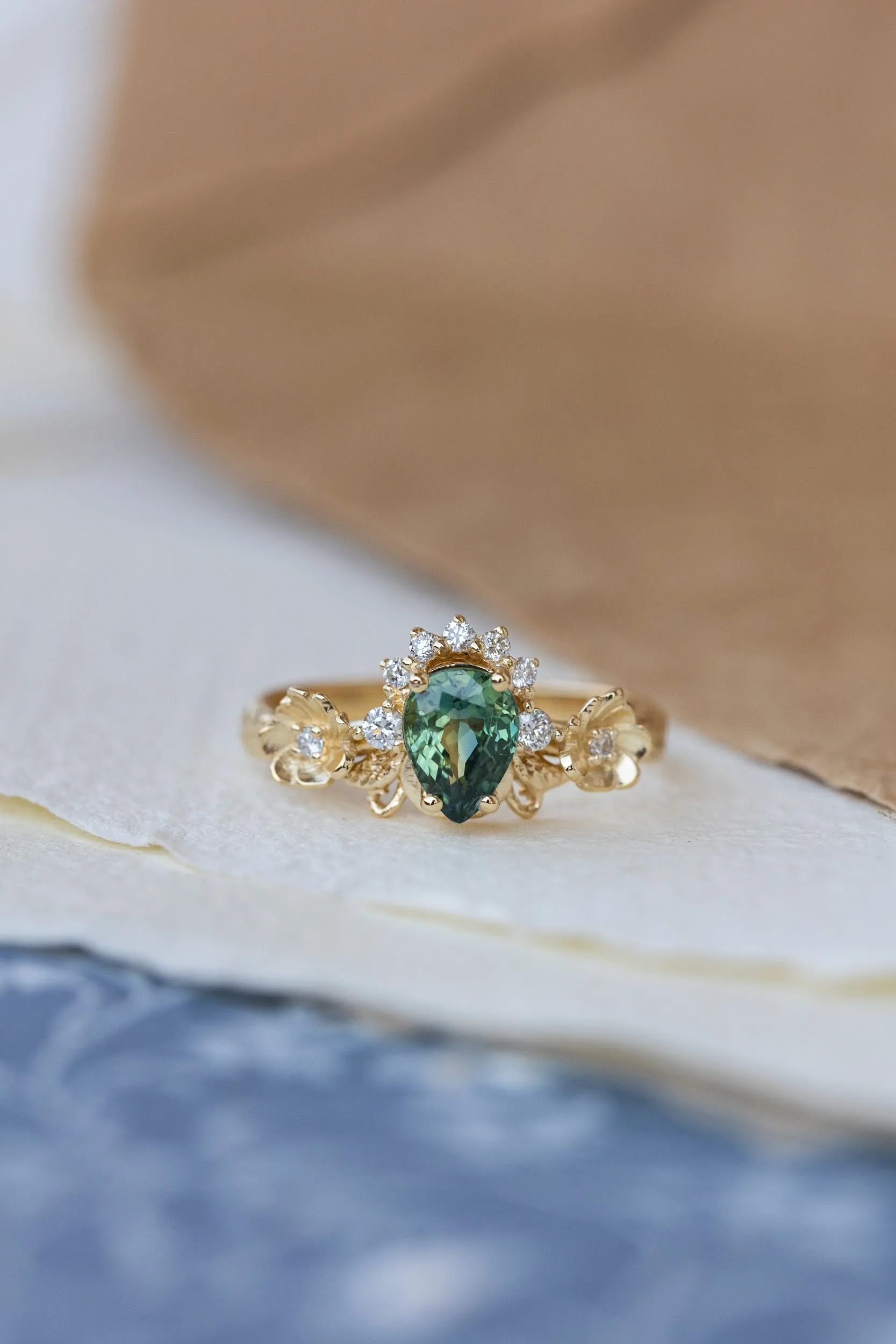 Green sapphire engagement ring with accent diamonds, flower style gold promise ring / Adelina