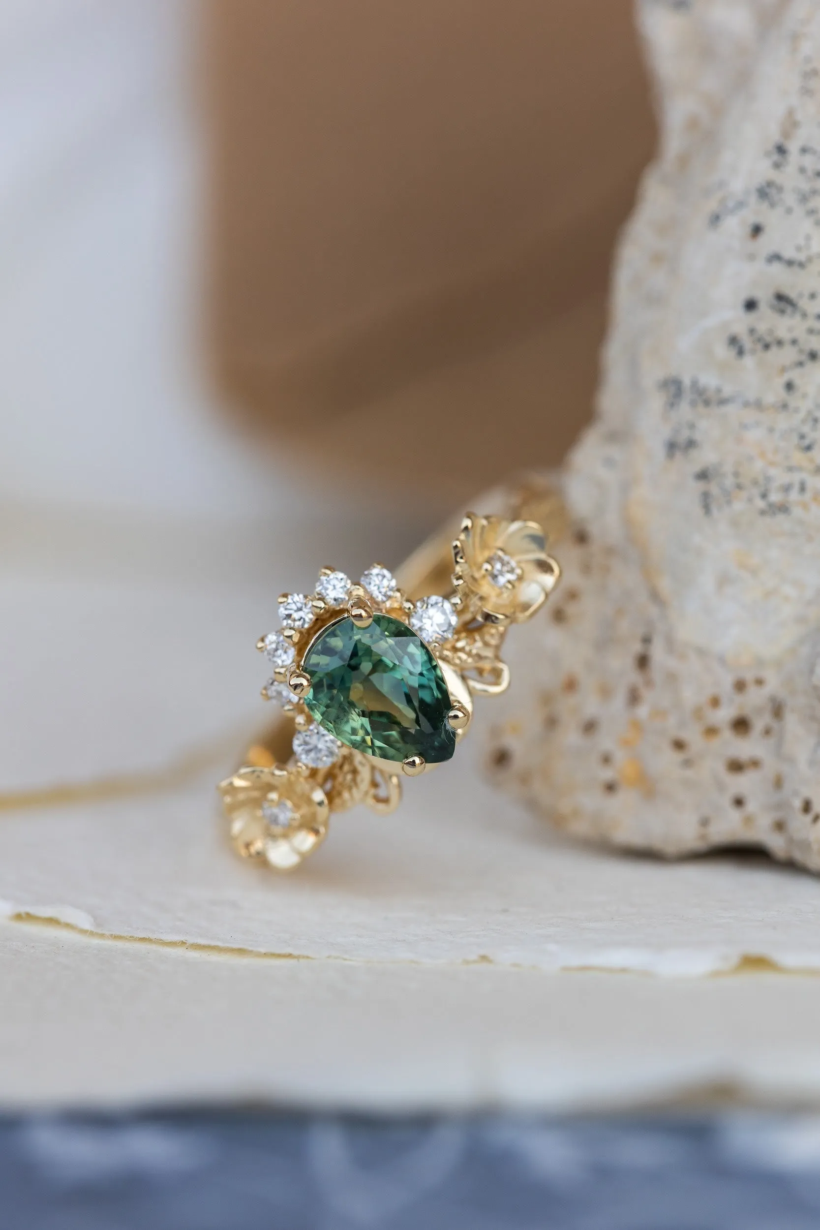 Green sapphire engagement ring with accent diamonds, flower style gold promise ring / Adelina