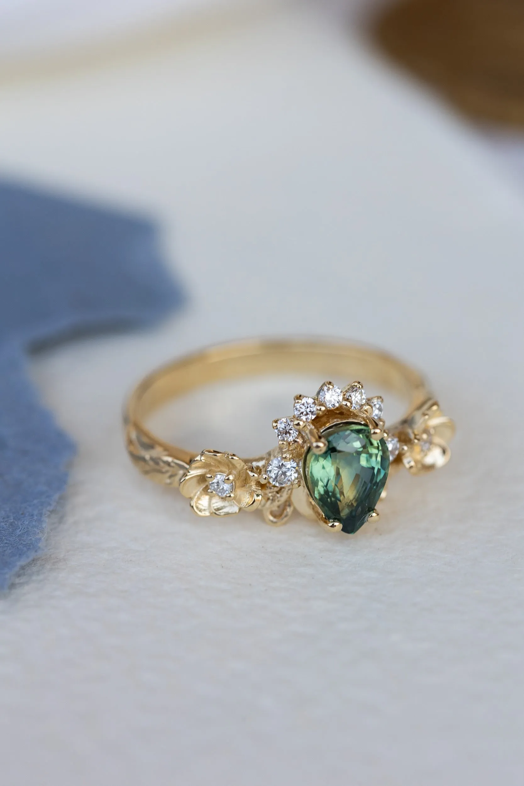 Green sapphire engagement ring with accent diamonds, flower style gold promise ring / Adelina