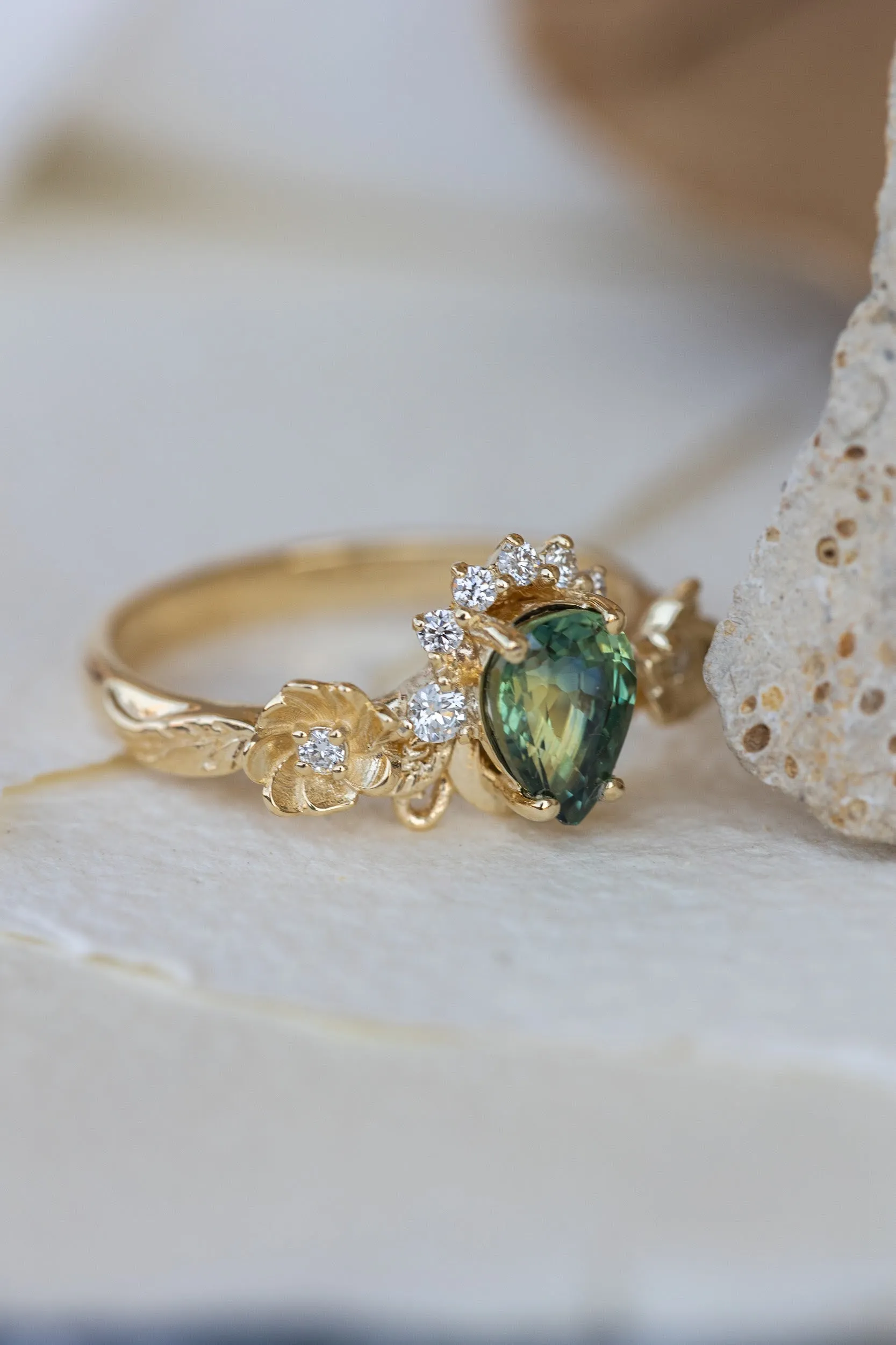 Green sapphire engagement ring with accent diamonds, flower style gold promise ring / Adelina