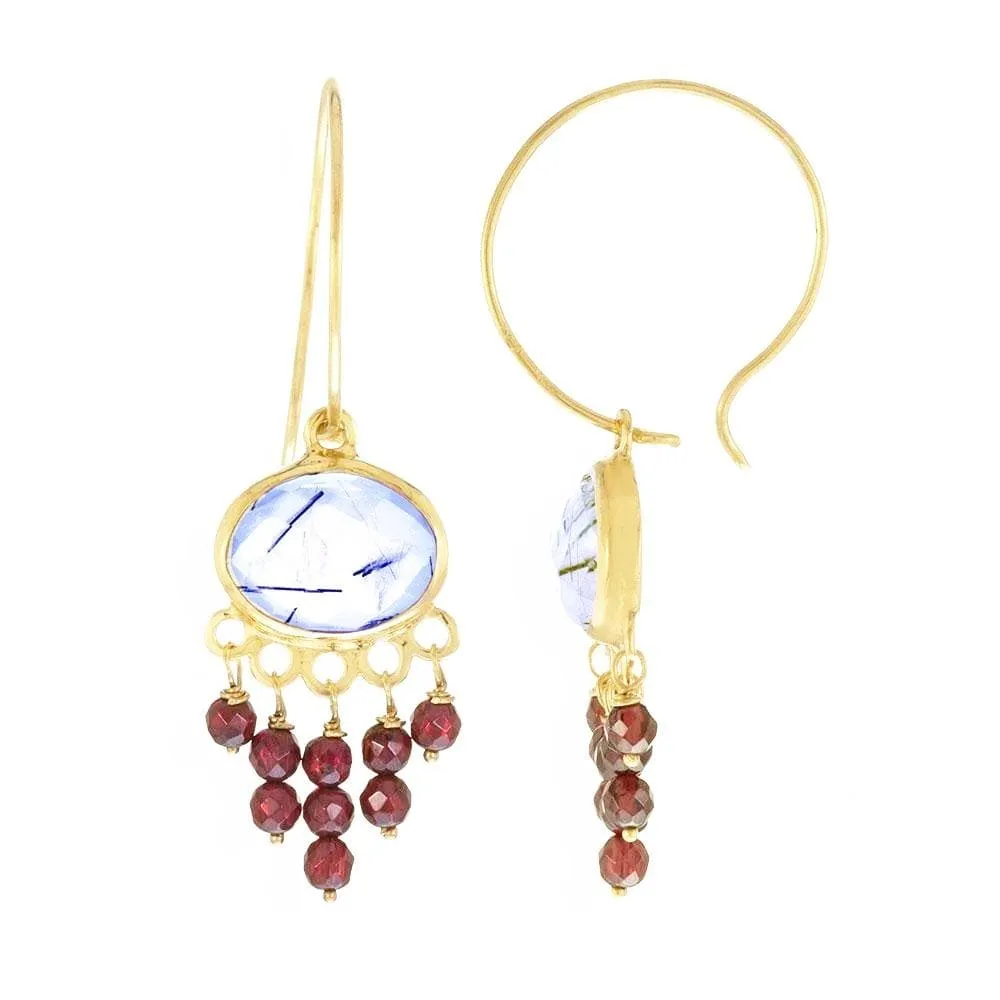 Handmade Gold Plated Silver Drop Earrings With Tourmaline & Garnet Stones