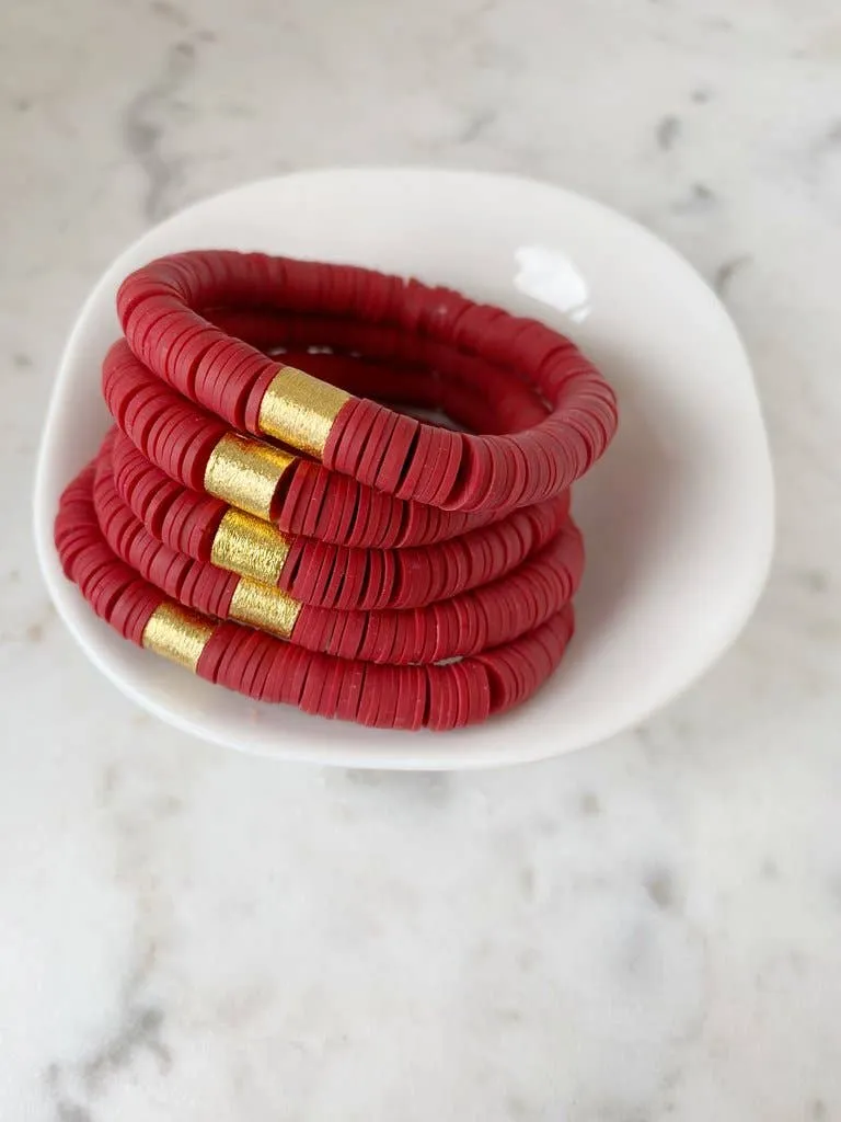 Heishi Color Pop Bracelet in Blood Red with Gold Barrel