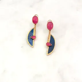 Hot Pink Agate Stud with Citrine, Lapiz Lazuli & Pink Agate Twinset Earrings