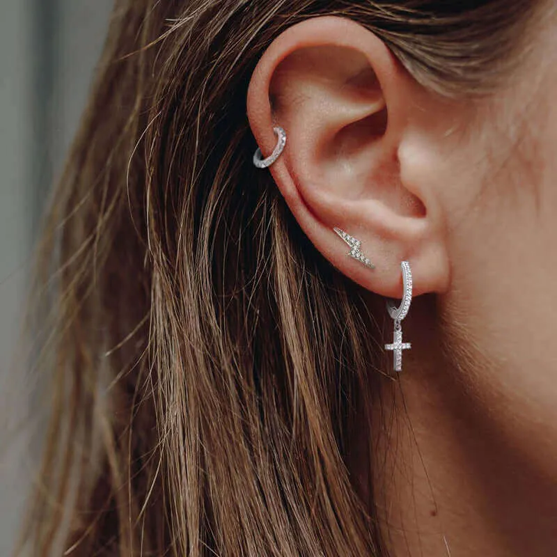 Huggie Hoop Earrings with Geometric Cross Pendant