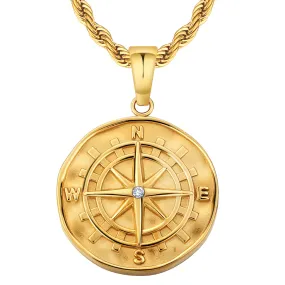 KRKC&CO Compass Gold Coin Pendant Necklace with Rope Chain for Men