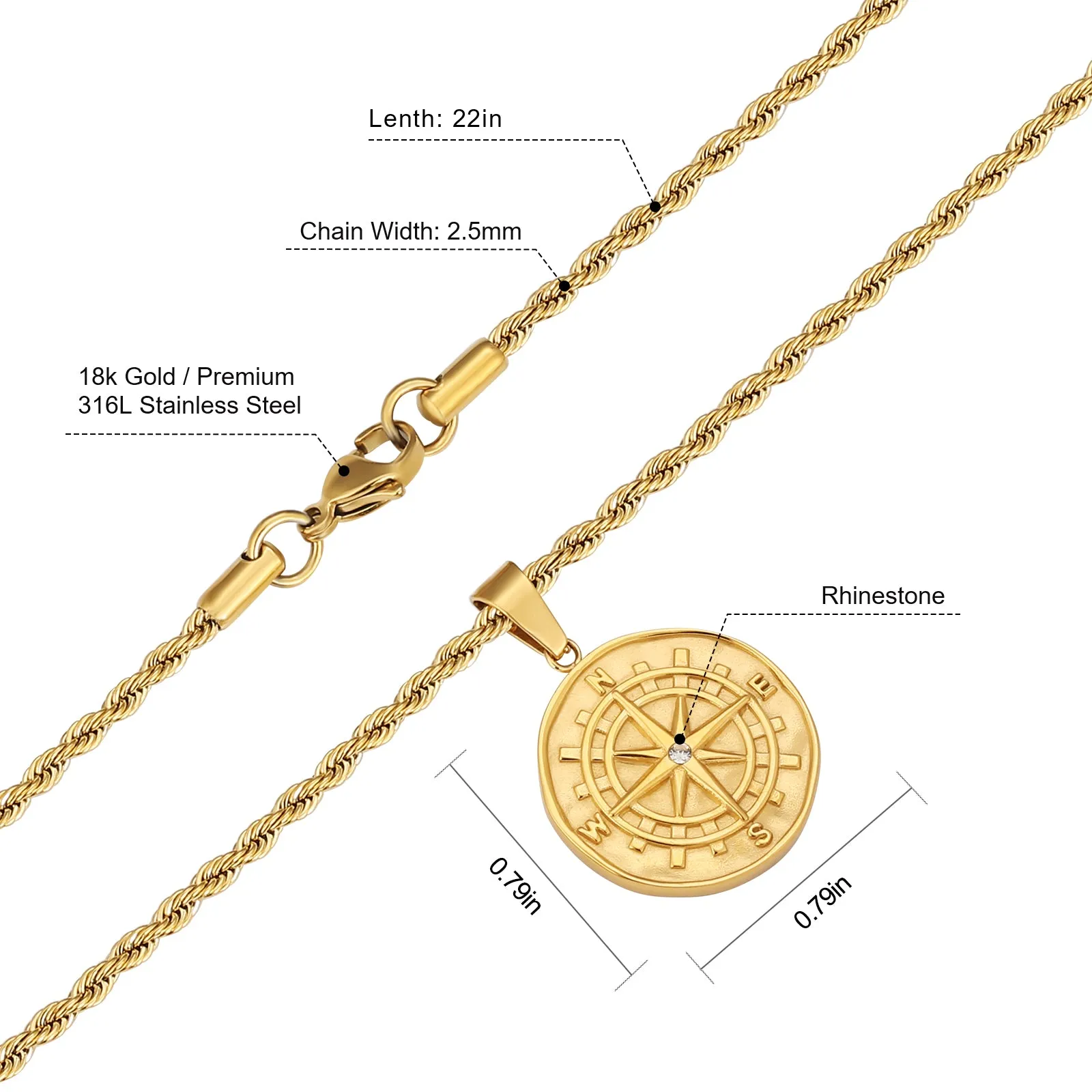 KRKC&CO Compass Gold Coin Pendant Necklace with Rope Chain for Men