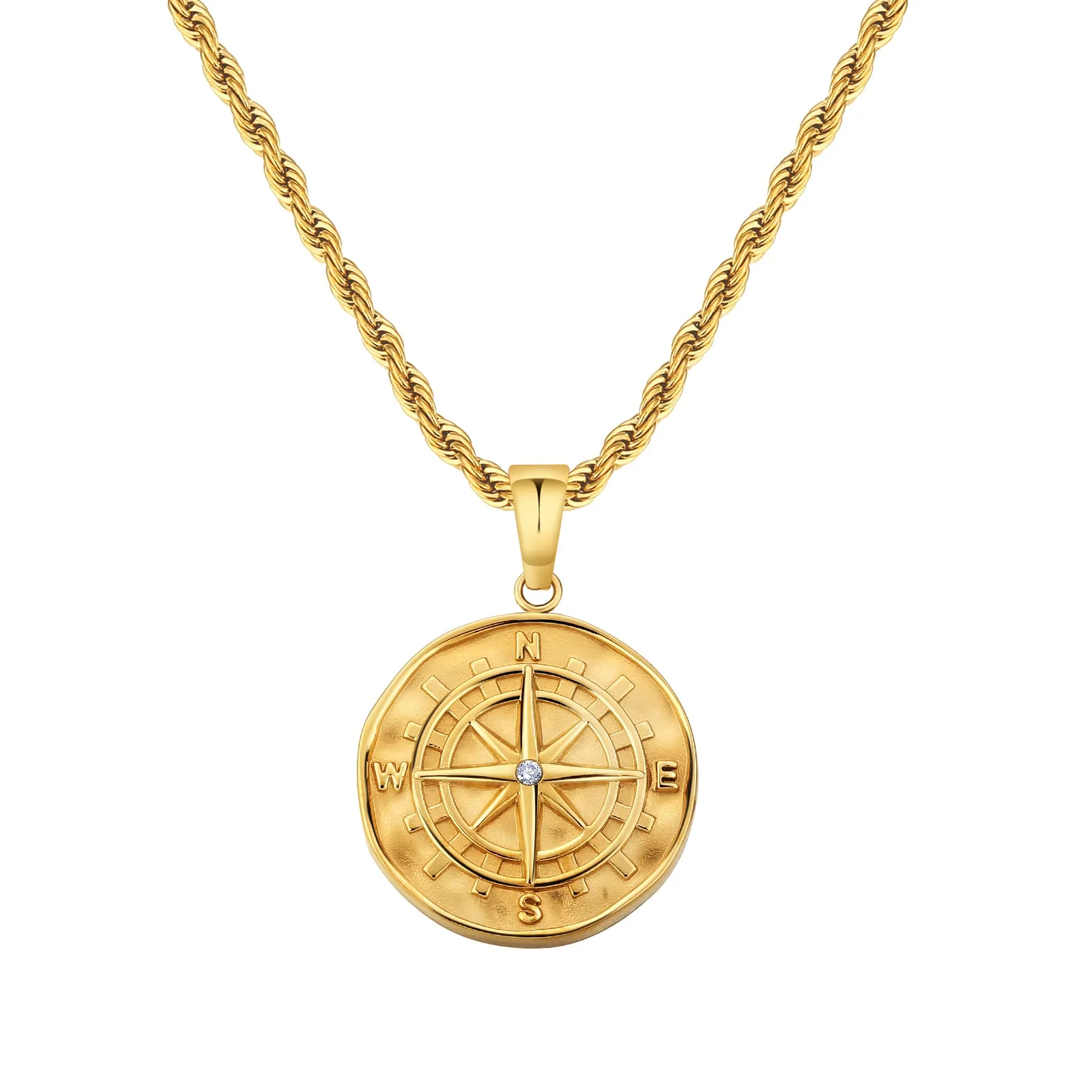 KRKC&CO Compass Gold Coin Pendant Necklace with Rope Chain for Men