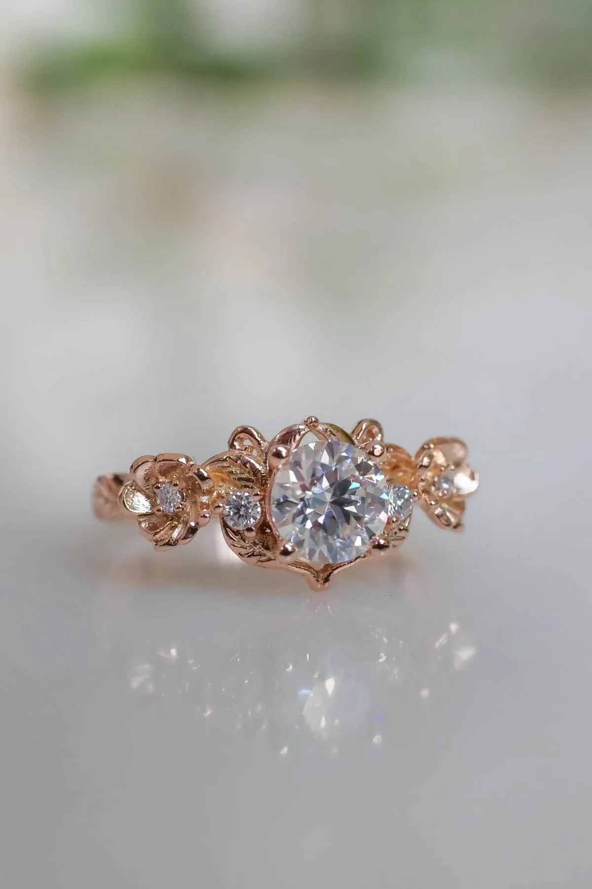 Lab grown diamond engagement ring in rose gold, floral engagement ring with diamonds / Adelina